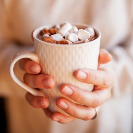 Woman's hands holding mug of hot chocolate.